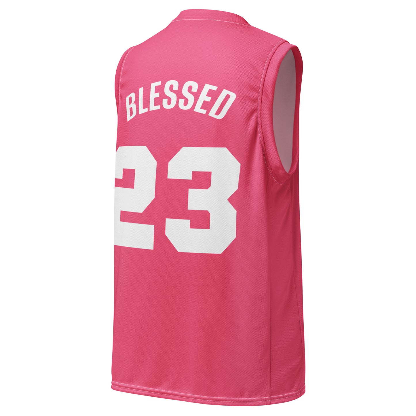 #23 BLESSED pink and white basketball jersey