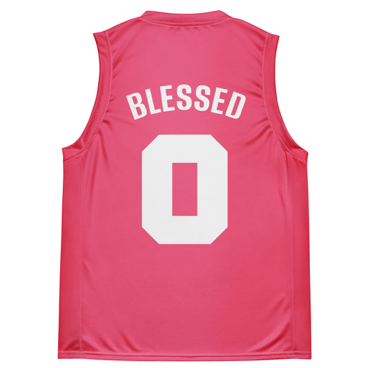 #0 BLESSED pink and white basketball jersey