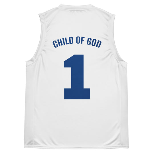#1 Child of God white and blue basketball jersey