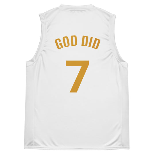 #7 GOD DID white & gold basketball jersey